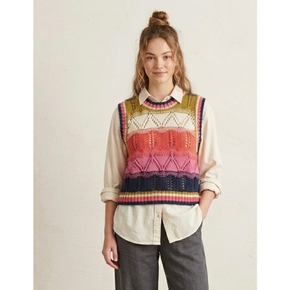 Entro Knit Sweater Vest M Crochet Boho Pointelle‎ Sleeveless Multi Color Cotton